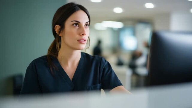 Professional clinic assistant concentrating at computer workstation in bright medical office, modern healthcare administration scene clinic assistant, medical office worker, health