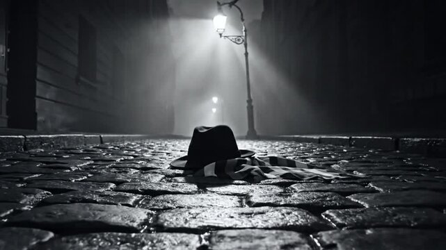 Black and white noir scene with fedora hat and scarf on cobblestone street beneath a street lamp