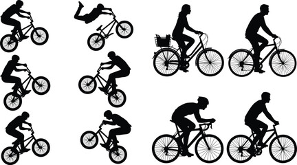 Fototapeta premium Collection of black silhouettes featuring diverse cyclists including mountain bikers performing stunts, urban commuters, and professional road racers on a white background