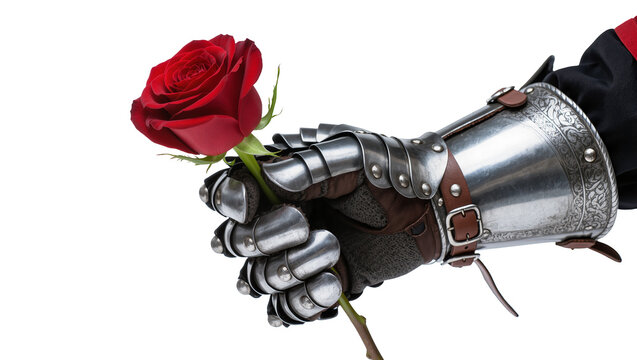 Isolated knight's metal gauntlet holding a vibrant red rose, a symbol of chivalry and love.