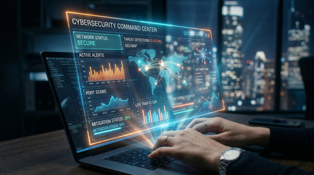A person typing on a laptop with a futuristic cybersecurity command center interface on the screen at night.