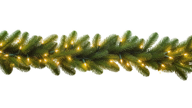 Isolated festive Christmas garland with green pine branches and warm string lights decoration