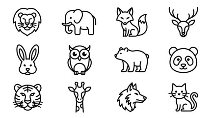 Obraz premium Collection of hand-drawn minimalist animal icons featuring various wildlife species in simple line art style on white background for design use