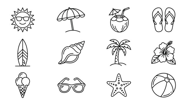 A set of black line art icons depicting summer vacation and beach items, including sun, umbrella, fruit, footwear, surfboard, seashell, palm tree, flower, ice cream, sunglasses, starfish, an