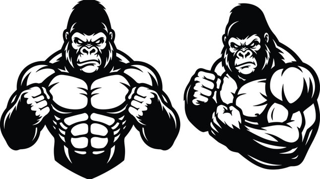 Stylized black and white gorilla silhouette illustration showcasing muscular fighting stance, strength, power, athletic dominance, and bold graphic design artwork