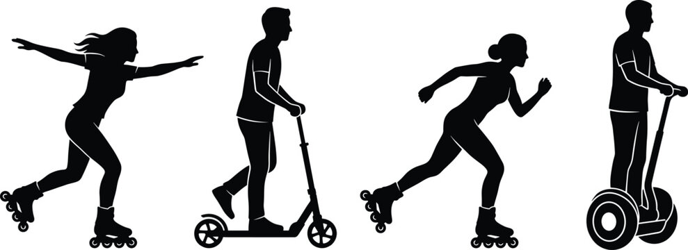 Set of black silhouettes featuring people on rollerblades a kick scooter and a self balancing electric scooter for urban mobility and active lifestyle
