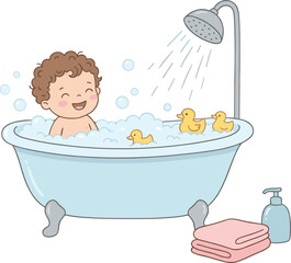 Naklejka premium Cute Cartoon Baby Boy Taking a Bath in a Clawfoot Tub with Soap Bubbles, Yellow Rubber Ducks, Shower Head, and Bathing Accessories Vector Illustration