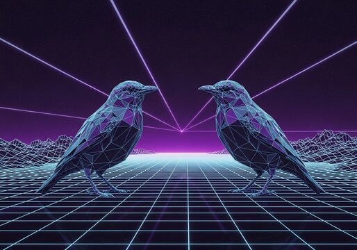 Retro-futuristic digital birds facing each other on a glowing grid landscape with neon light rays.