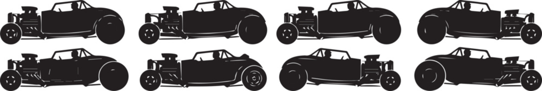 Vintage hot rod car silhouettes, set of 8 classic custom dragster vector icons, retro muscle car profile graphics for automotive design