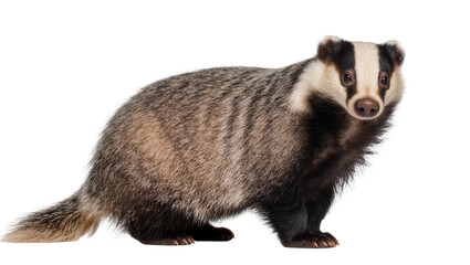 Isolated European badger, a striped-faced mammal, standing in full body profile, wild nature creature © Ciara