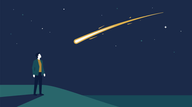 A lone man stands on a hill at night, gazing up at a brilliant meteor streaking across the starry sky.