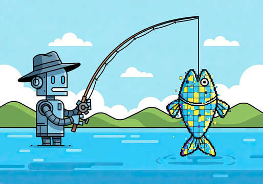 A blue robot wearing a hat stands in a lake and uses a fishing rod to catch a large pixelated digital fish against a background of green hills and a blue sky with clouds