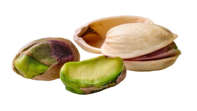 Isolated close-up of fresh raw pistachios, shelled and in various open shells, healthy snack