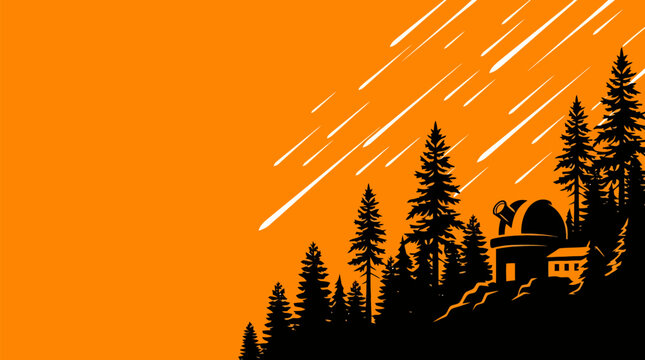Silhouette of a forest observatory under a meteor shower on an orange background.
