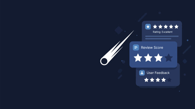 A dynamic graphic illustrating customer feedback, review scores, and rating systems with a comet streaking across a dark blue background.
