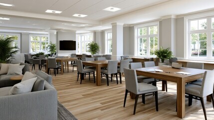 Fototapeta premium Bright modern dining room interior with wooden furniture and plants, elegant home design concept.