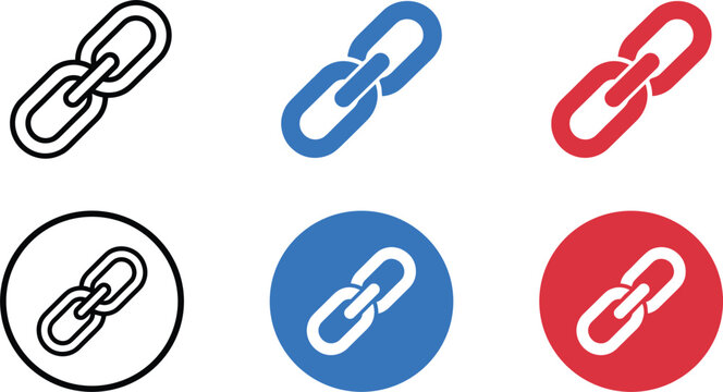Hyperlink chain link icons set in various styles including line art blue and red solid shapes and circular buttons for website connectivity digital network and url redirection vector illustration.
