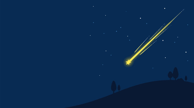 A bright yellow shooting star streaks across a dark blue night sky dotted with tiny stars, above a silhouetted rolling hill with a few small trees.