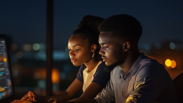 Two developers coding at night with city lights in the background on their computer screen