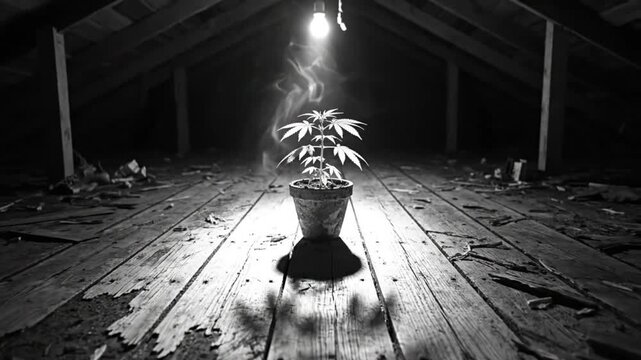 Black and white shot of marijuana plant growing in a dark and dusty attic under a single lightbulb