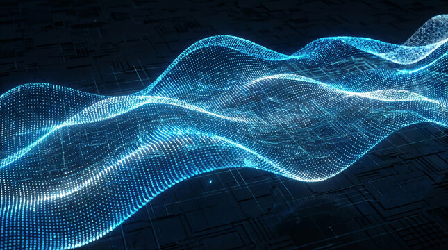 Digital waves flow across a dark circuit board background as glowing particles represent fast data transmission.