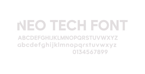 Obraz premium Neon futuristic tech font display with uppercase and lowercase letters and numbers