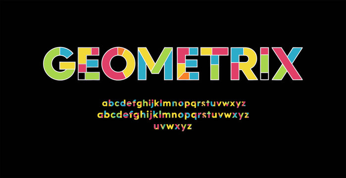 Colorful retro geometrix pixel font text with alphabet display