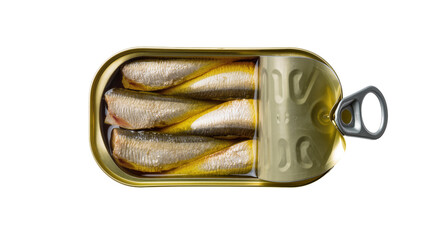 Isolated open tin can of delicious small sardines in olive oil, healthy canned seafood.