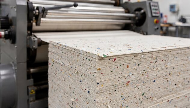 Medium shot of an environmentally certified recycled paper stack feeding into the printing press focusing on paper edges with the press machinery softly out of focus.