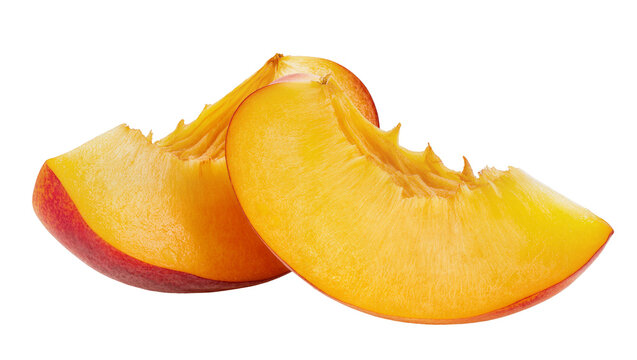 Isolated fresh vibrant peach fruit slices with sweet juicy pulp, perfect healthy summer snack.