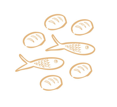 5 loves and 2 fish. Five loaves or bread and two fish illustration. Vector symbol, Ichtus pattern for christian graphic. Sharing, miracle. Symbolizes sharing, miracle of Jesus.	