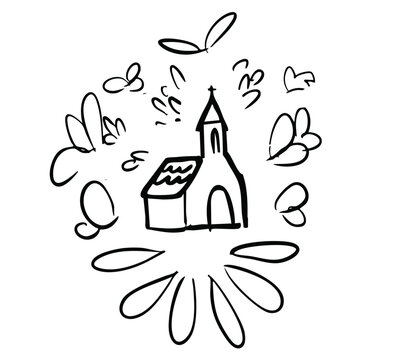 Sketch of a church. Silhouette of chapel tradition. Digital white drawing vector illustration for baptism, mass, priest, prayer, pray or a community of believers.	