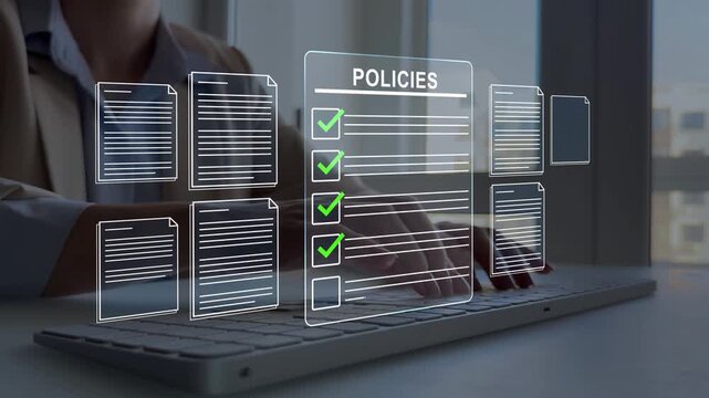 Compliance law,corporate rules with documents, checkmarks, regulation policy.Modern governance, legal standards, policy management ensuring transparency, safety, structured organizational control.