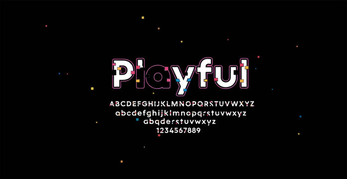 Playful retro pixel font display with colorful letters and numbers