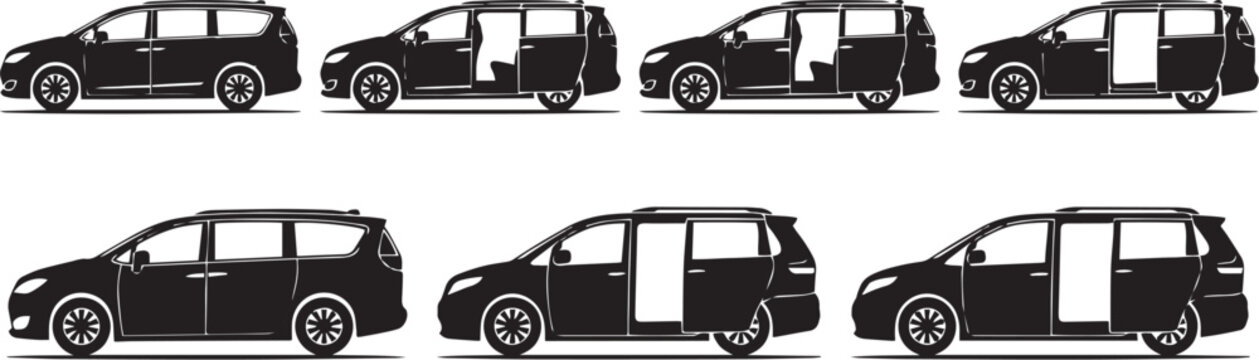 Minivan silhouette vector set, black passenger van icons with open and closed sliding doors, family car transport collection in EPS format
