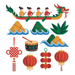 Dragon Boat Racing, Team Rowers Boat Waves Lanterns Drum Knots Mountains, Colorful Flat Illustration, Icon Set Sticker Pack, Clipart Collection © BlackVault Designs