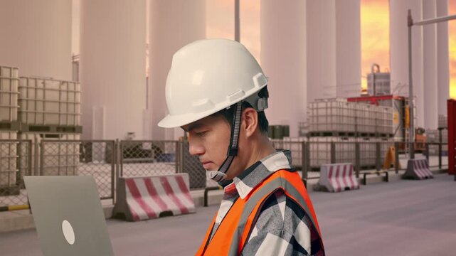 Close Up Side View Of Asian Male Engineer With Safety Helmet Working On A Laptop While Standing at Storage Facility with IBC Totes, Large Silos at Sunset