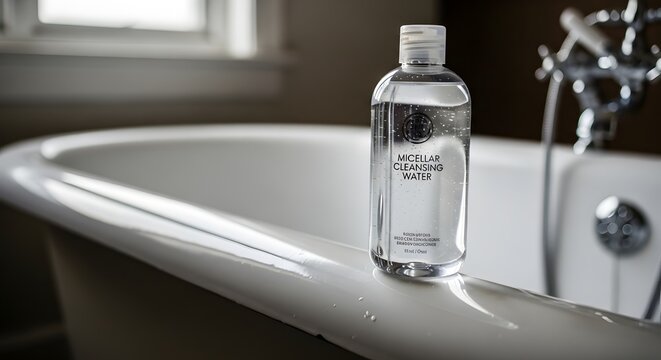 Minimalistic bottle of micellar cleansing water on bathtub edge
