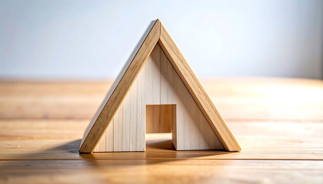 Small wooden house model with a triangular roof and doorway, placed on a wooden surface, symbolizing home and shelter