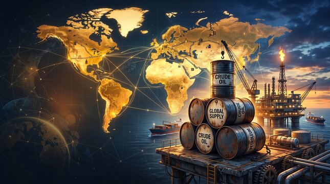 Global oil industry concept with world map, crude oil barrels, offshore rig, and supply chain