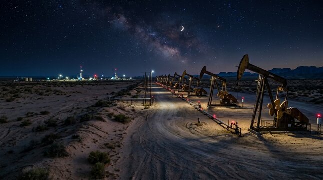 Oil Pumpjacks Operating Under the Magnificent Milky Way and Moon in a Desert Landscape at Night