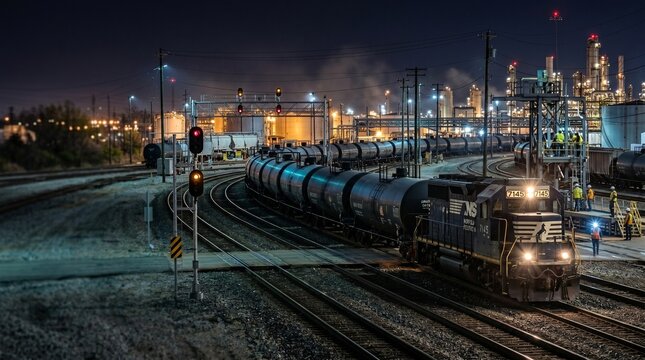 Long Freight Train with Tank Cars Passing Through an Industrial Rail Yard at Night with Refinery Background