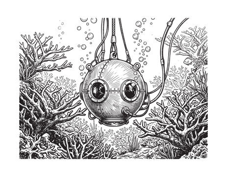 Steampunk diving bell exploration vehicle underwater ocean depths coral reef marine life adventure science fiction submersible retro technology antique equipment.
