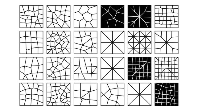 Varied collection of geometric grid and radial patterns with abstract and structured designs in black