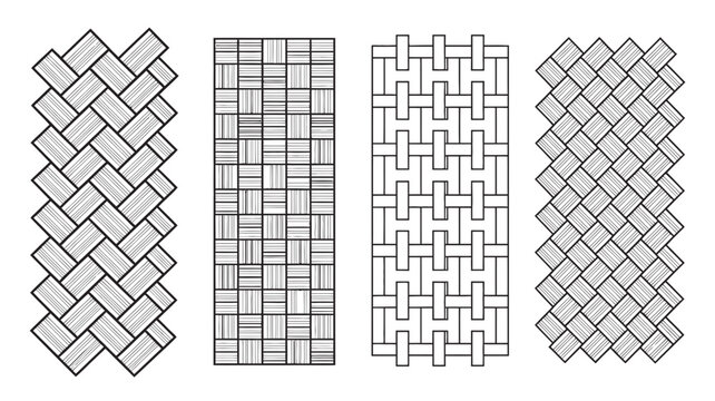 Set of four linear woven parquet floor patterns and geometric basketweave texture outlines for design