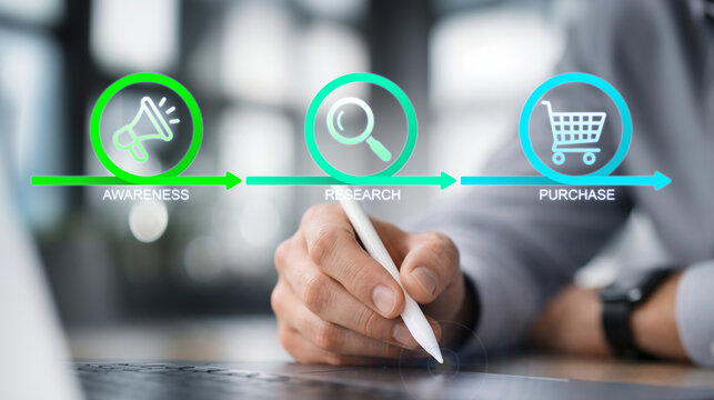Customer journey and online purchase process. Brand awareness, product research and buying decision stages in digital marketing. Marketing specialist using tablet for customer journey strategy.