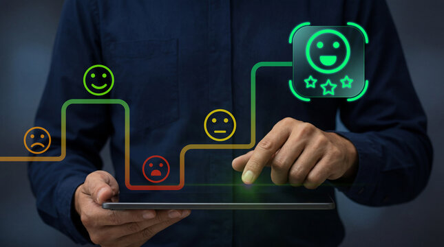 Customer satisfaction journey and user feedback analysis. Consumer experience tracking and client retention strategy. Business professional using tablet for customer satisfaction monitoring.