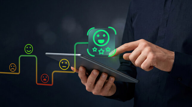 Customer satisfaction and client experience strategy. User feedback and customer loyalty management in digital business. Marketing manager using tablet for customer experience analysis.