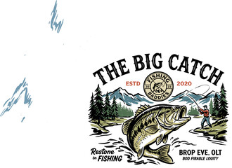 The big catch fishing artwork for t shirt. Mountain lake outdoor design for apparel. Vintage bass fishing logo. Sport fishing club. Nature life. © panji