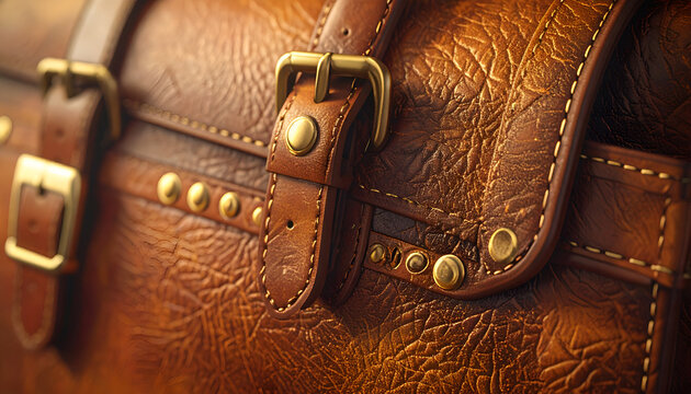 Close-up of a Vintage Leather Satchel with Brass Buckles and Studs.
